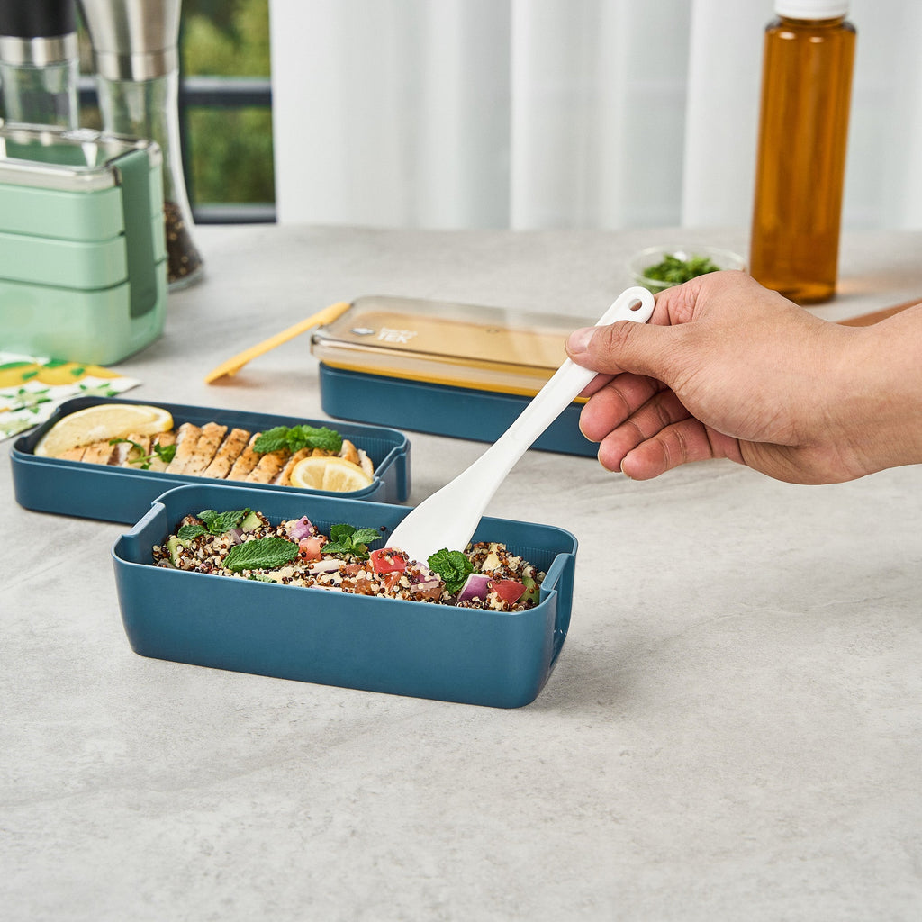 Bento Tek 30 oz Blue and Yellow 3-In-1 Lunch Box - BPA-Free, Microwave-Safe, with Fork and Knife - 7 1/2" x 3 1/4" x 4 1/2" - 10 count box