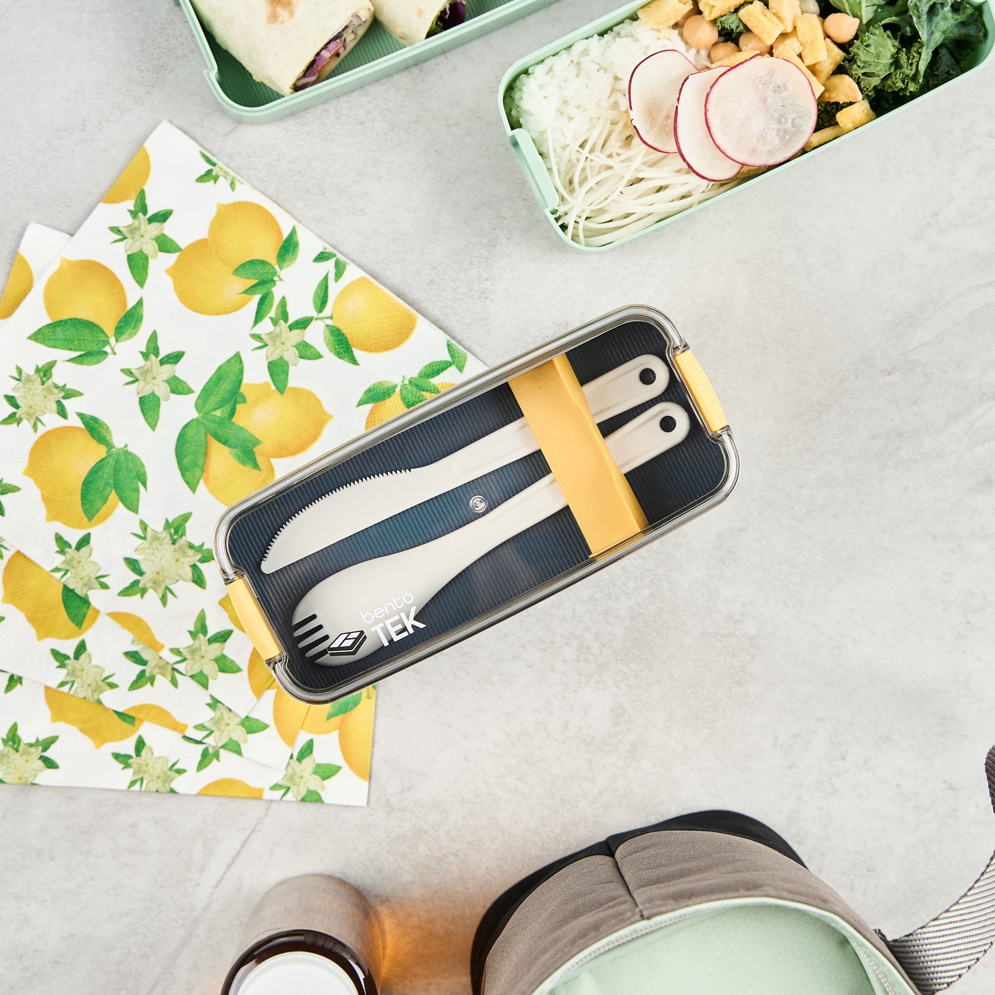 Bento Tek 30 oz Blue and Yellow 3-In-1 Lunch Box - BPA-Free, Microwave-Safe, with Fork and Knife - 7 1/2" x 3 1/4" x 4 1/2" - 10 count box