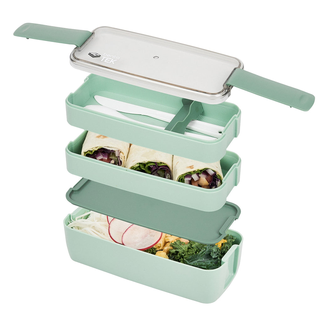 Bento Tek 30 oz Green 3-In-1 Lunch Box - BPA-Free, Microwave-Safe, with Fork and Knife - 7 1/2" x 3 1/4" x 4 1/2" - 1 count box