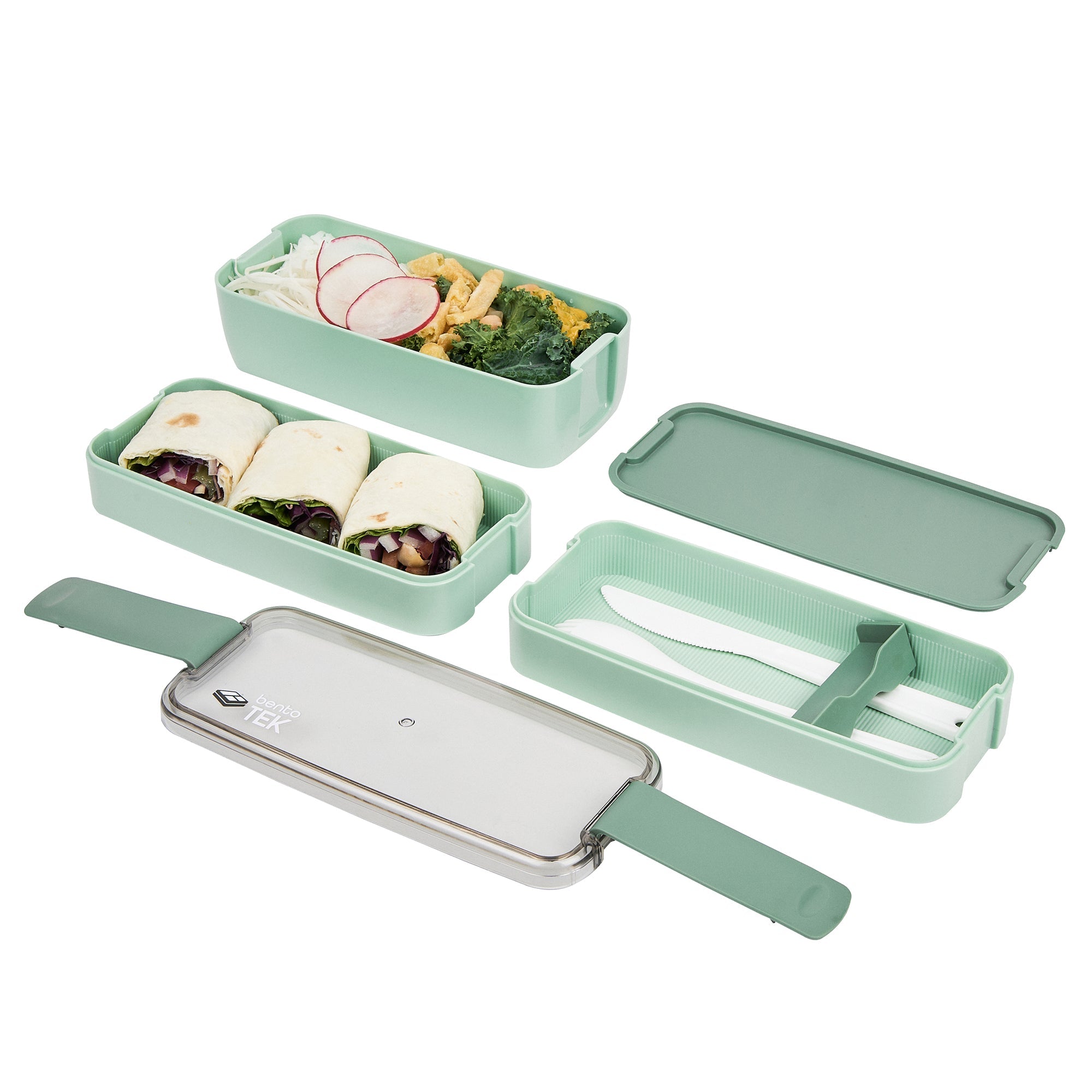 Bento Tek 30 oz Green 3-In-1 Lunch Box - BPA-Free, Microwave-Safe, with Fork and Knife - 7 1/2" x 3 1/4" x 4 1/2" - 1 count box