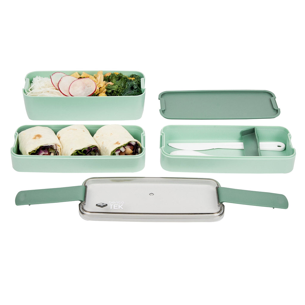 Bento Tek 30 oz Green 3-In-1 Lunch Box - BPA-Free, Microwave-Safe, with Fork and Knife - 7 1/2" x 3 1/4" x 4 1/2" - 1 count box