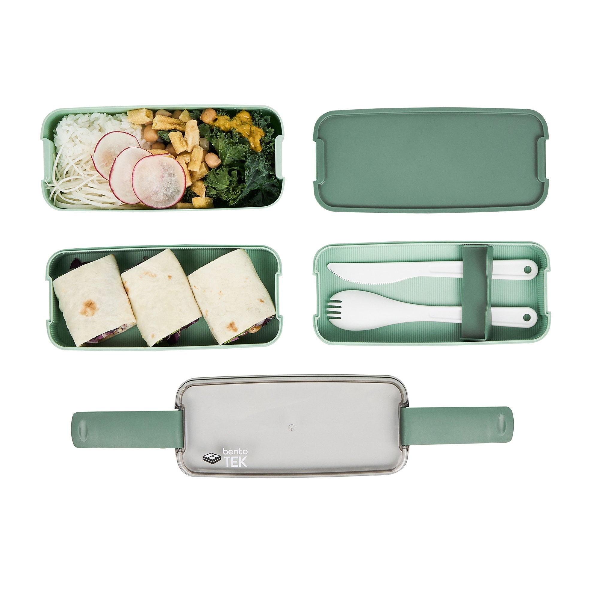 Bento Tek 30 oz Green 3-In-1 Lunch Box - BPA-Free, Microwave-Safe, with Fork and Knife - 7 1/2" x 3 1/4" x 4 1/2" - 1 count box