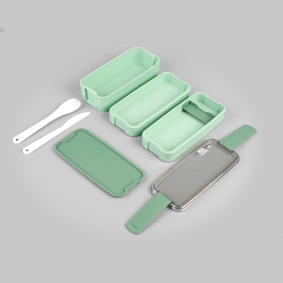 Bento Tek 30 oz Green 3-In-1 Lunch Box - BPA-Free, Microwave-Safe, with Fork and Knife - 7 1/2" x 3 1/4" x 4 1/2" - 10 count box