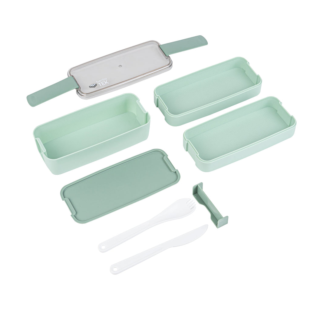 Bento Tek 30 oz Green 3-In-1 Lunch Box - BPA-Free, Microwave-Safe, with Fork and Knife - 7 1/2" x 3 1/4" x 4 1/2" - 10 count box