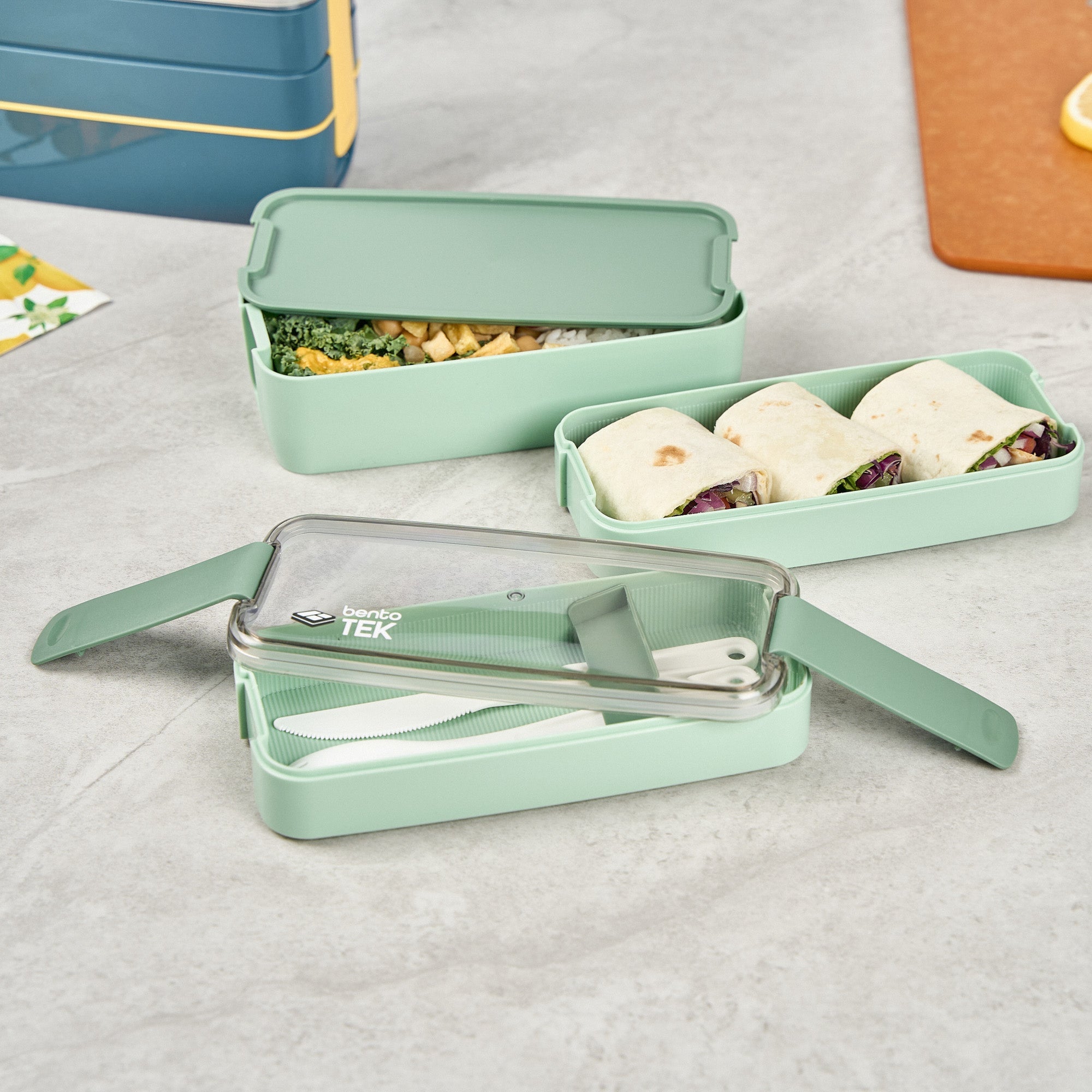 Bento Tek 30 oz Green 3-In-1 Lunch Box - BPA-Free, Microwave-Safe, with Fork and Knife - 7 1/2" x 3 1/4" x 4 1/2" - 10 count box