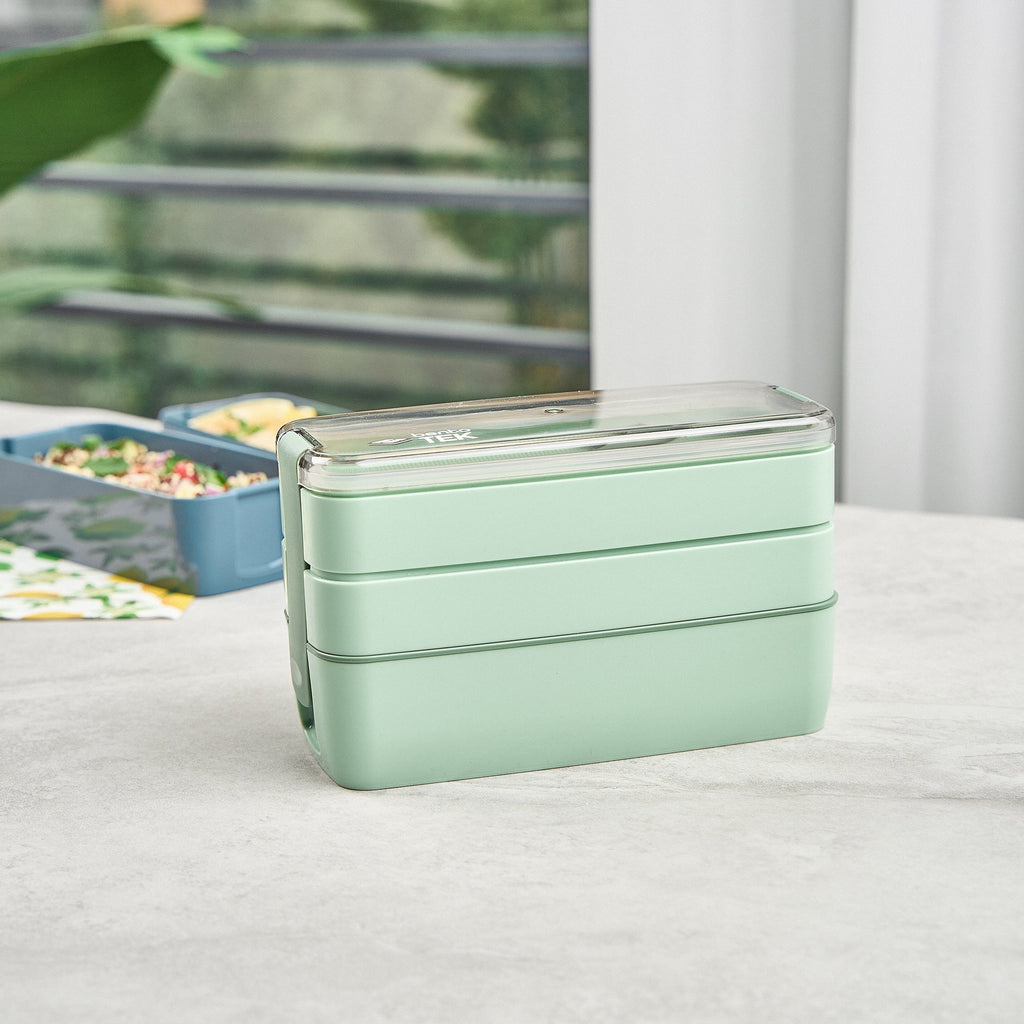 Bento Tek 30 oz Green 3-In-1 Lunch Box - BPA-Free, Microwave-Safe, with Fork and Knife - 7 1/2" x 3 1/4" x 4 1/2" - 10 count box