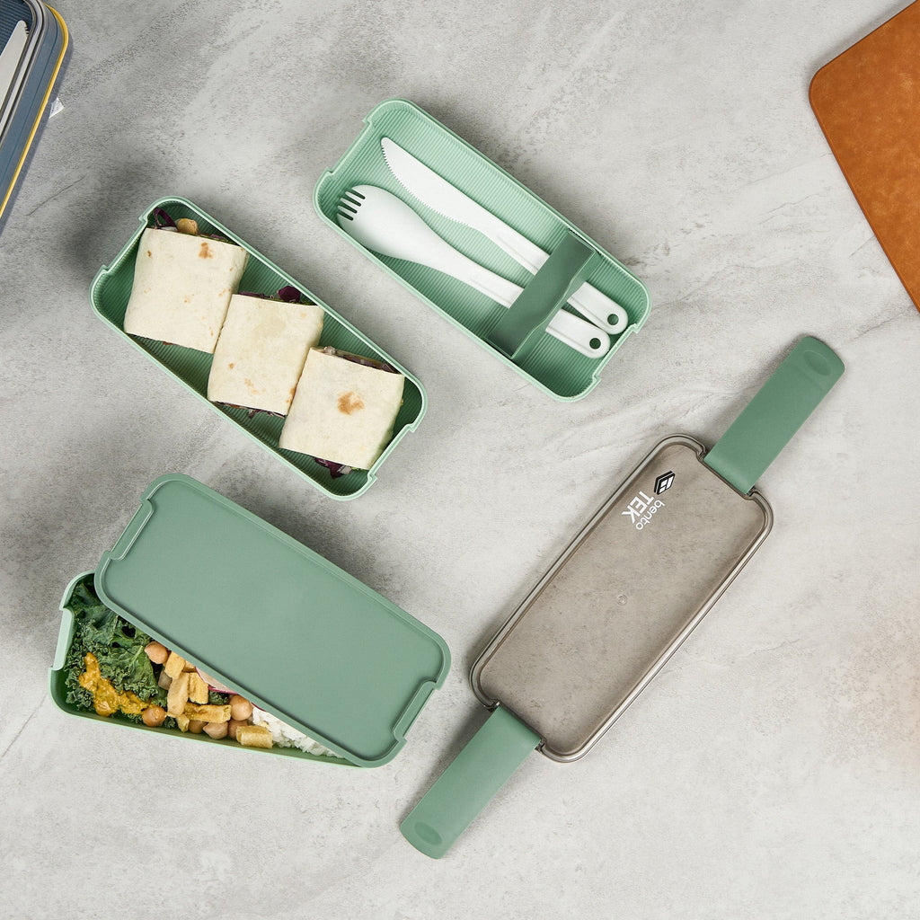 Bento Tek 30 oz Green 3-In-1 Lunch Box - BPA-Free, Microwave-Safe, with Fork and Knife - 7 1/2" x 3 1/4" x 4 1/2" - 10 count box