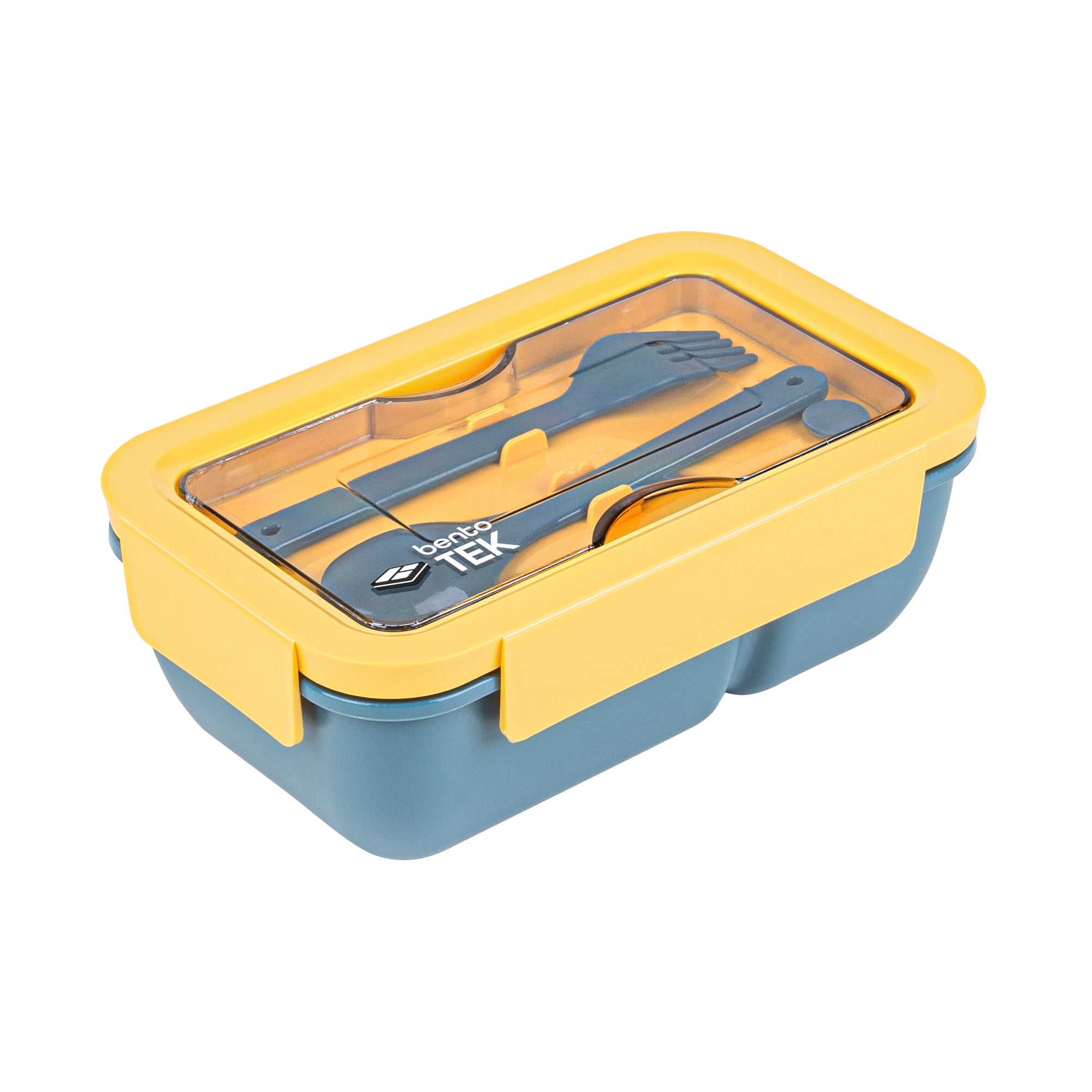 Bento Tek 29 oz Blue and Yellow Lunch Box - BPA-Free, Microwave-Safe, with Fork and Spoon - 7 3/4" x 4 3/4" x 2 3/4" - 1 count box