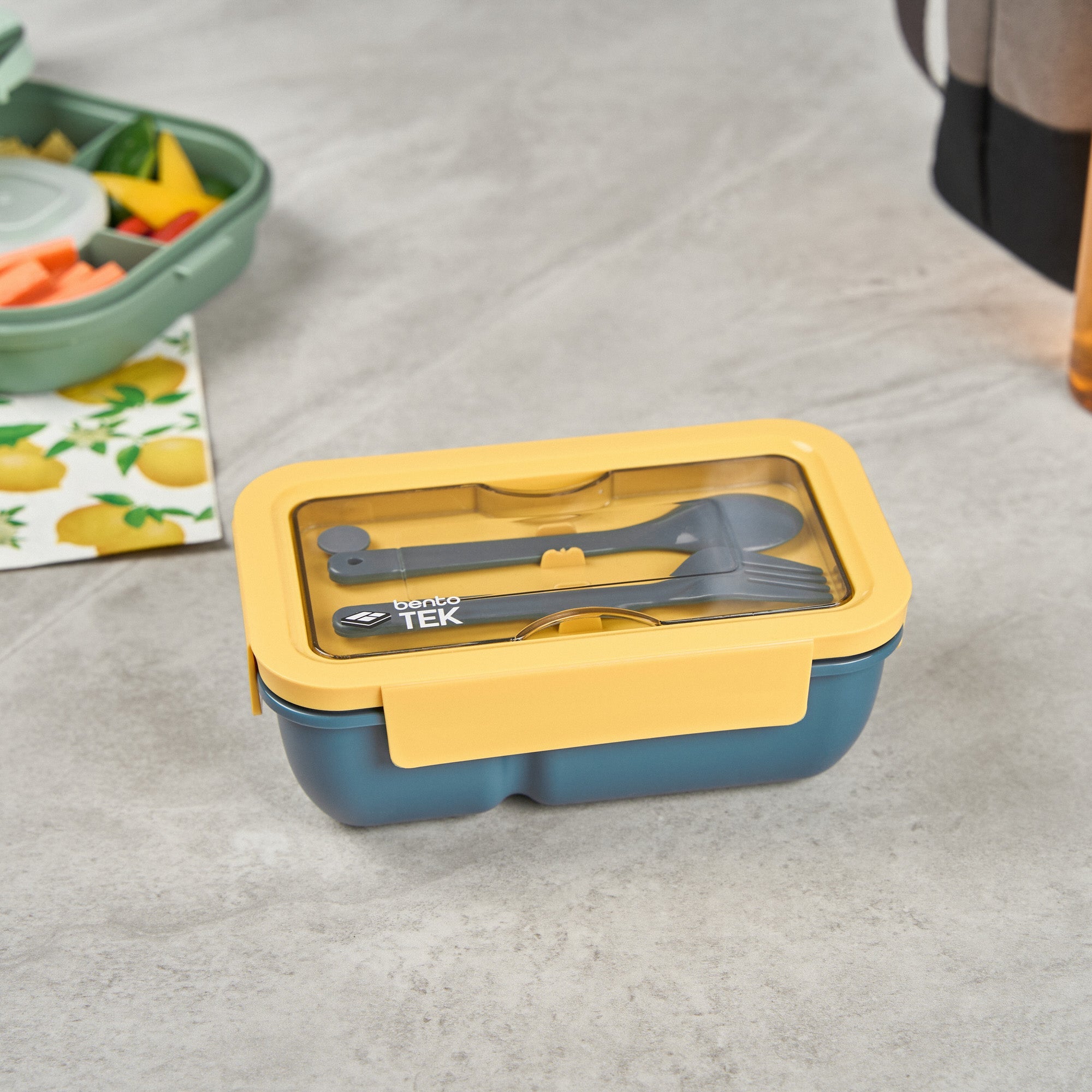 Bento Tek 29 oz Blue and Yellow Lunch Box - BPA-Free, Microwave-Safe, with Fork and Spoon - 7 3/4" x 4 3/4" x 2 3/4" - 1 count box