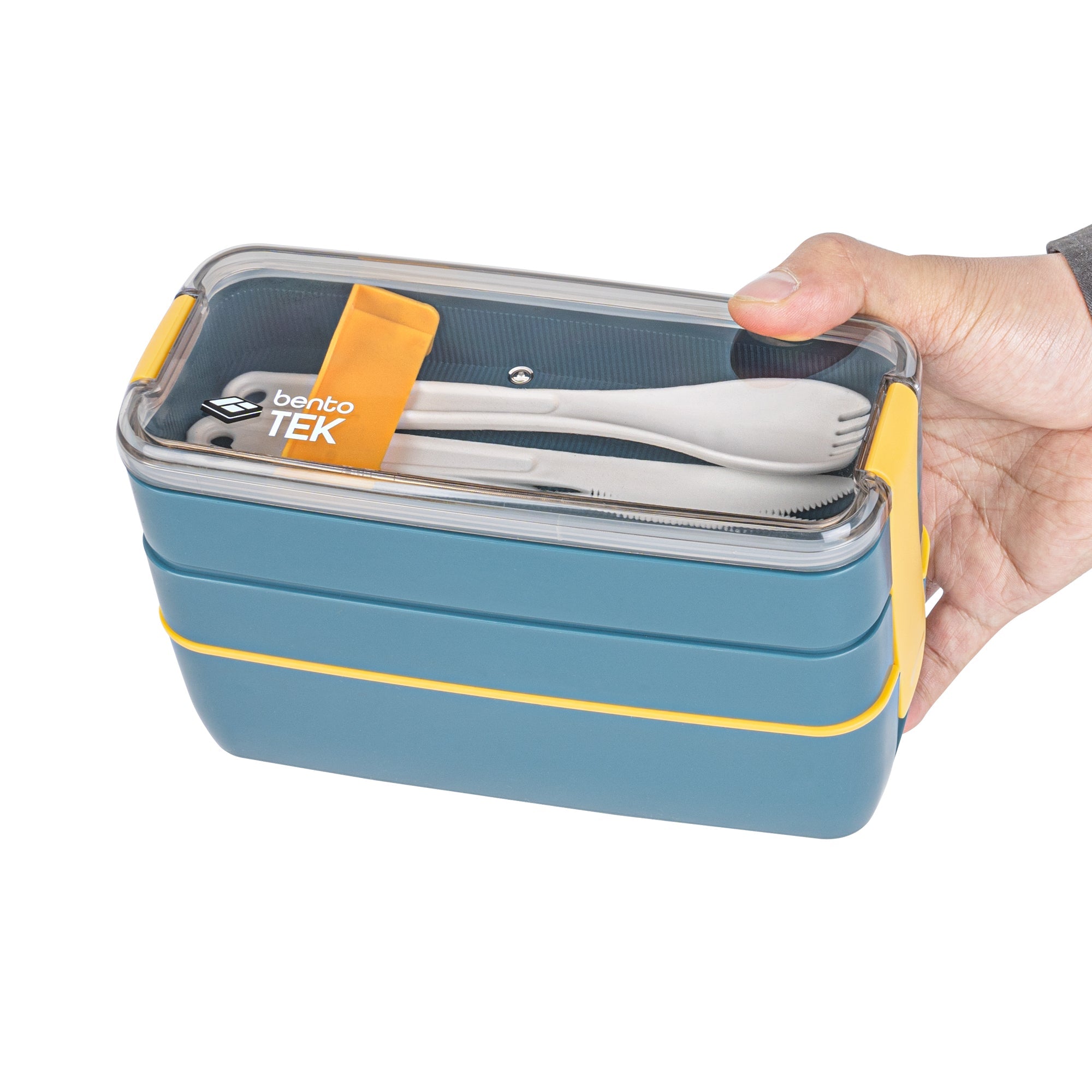 Bento Tek 29 oz Blue and Yellow Lunch Box - BPA-Free, Microwave-Safe, with Fork and Spoon - 7 3/4" x 4 3/4" x 2 3/4" - 1 count box