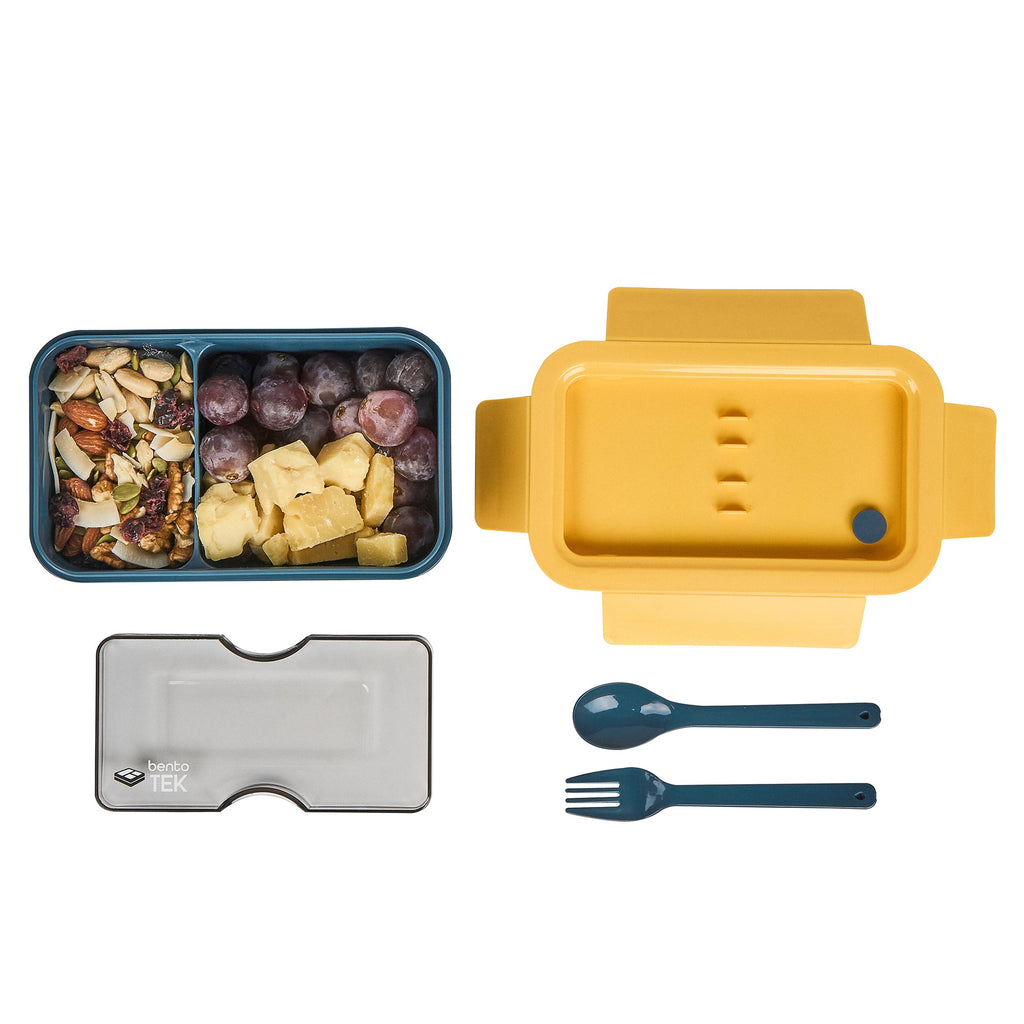 Bento Tek 29 oz Blue and Yellow Lunch Box - BPA-Free, Microwave-Safe, with Fork and Spoon - 7 3/4" x 4 3/4" x 2 3/4" - 1 count box
