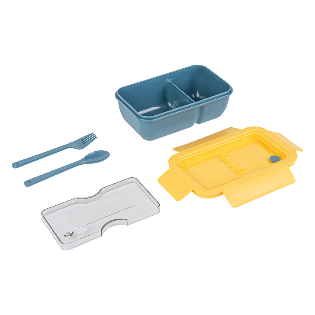 Bento Tek 29 oz Blue and Yellow Lunch Box - BPA-Free, Microwave-Safe, with Fork and Spoon - 7 3/4" x 4 3/4" x 2 3/4" - 1 count box