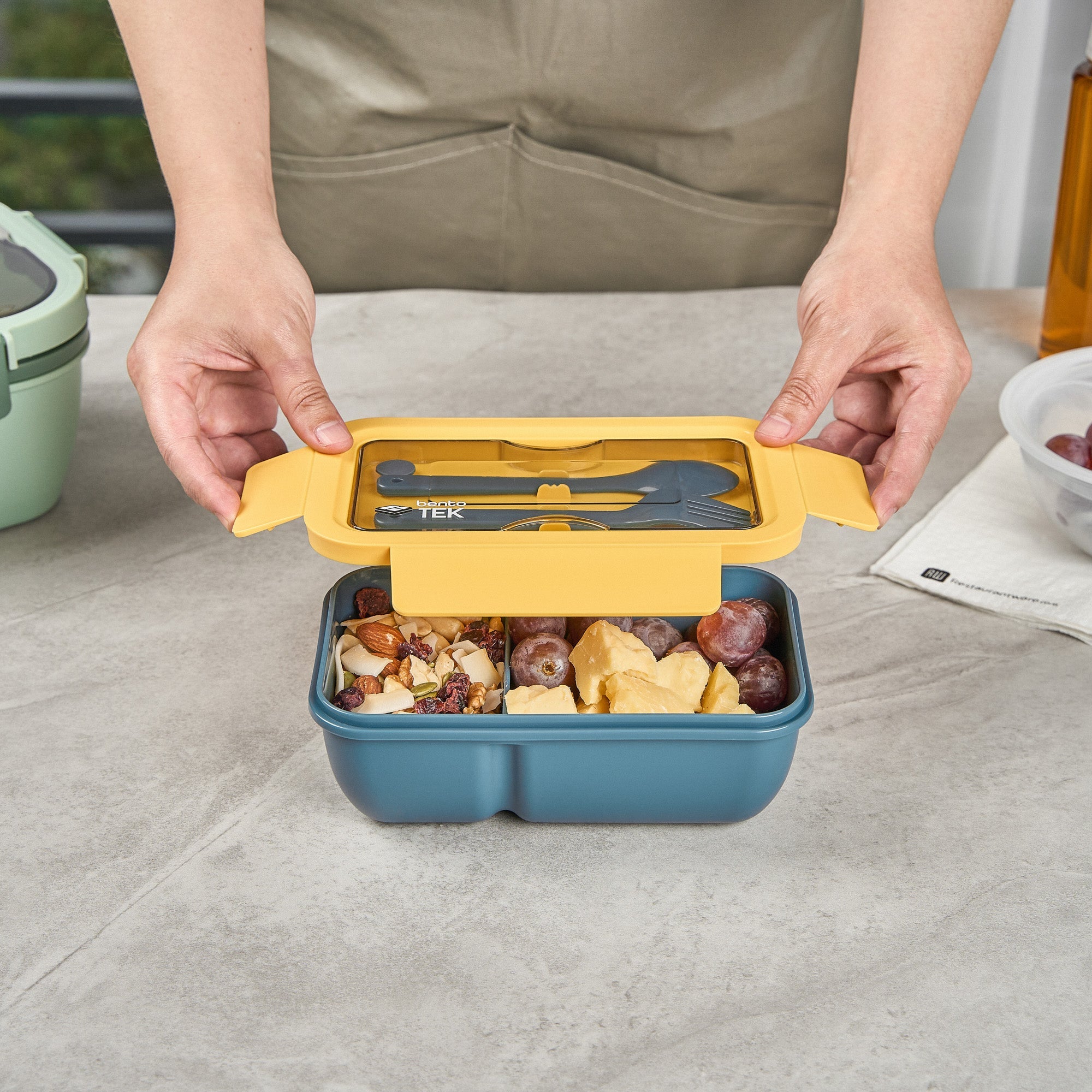 Bento Tek 29 oz Blue and Yellow Lunch Box - BPA-Free, Microwave-Safe, with Fork and Spoon - 7 3/4" x 4 3/4" x 2 3/4" - 1 count box