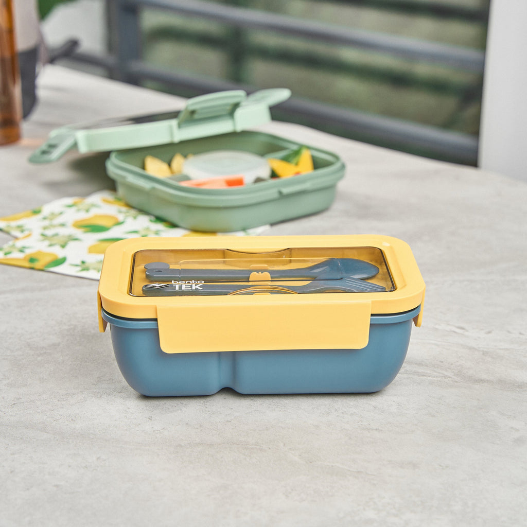 Bento Tek 29 oz Blue and Yellow Lunch Box - BPA-Free, Microwave-Safe, with Fork and Spoon - 7 3/4" x 4 3/4" x 2 3/4" - 1 count box
