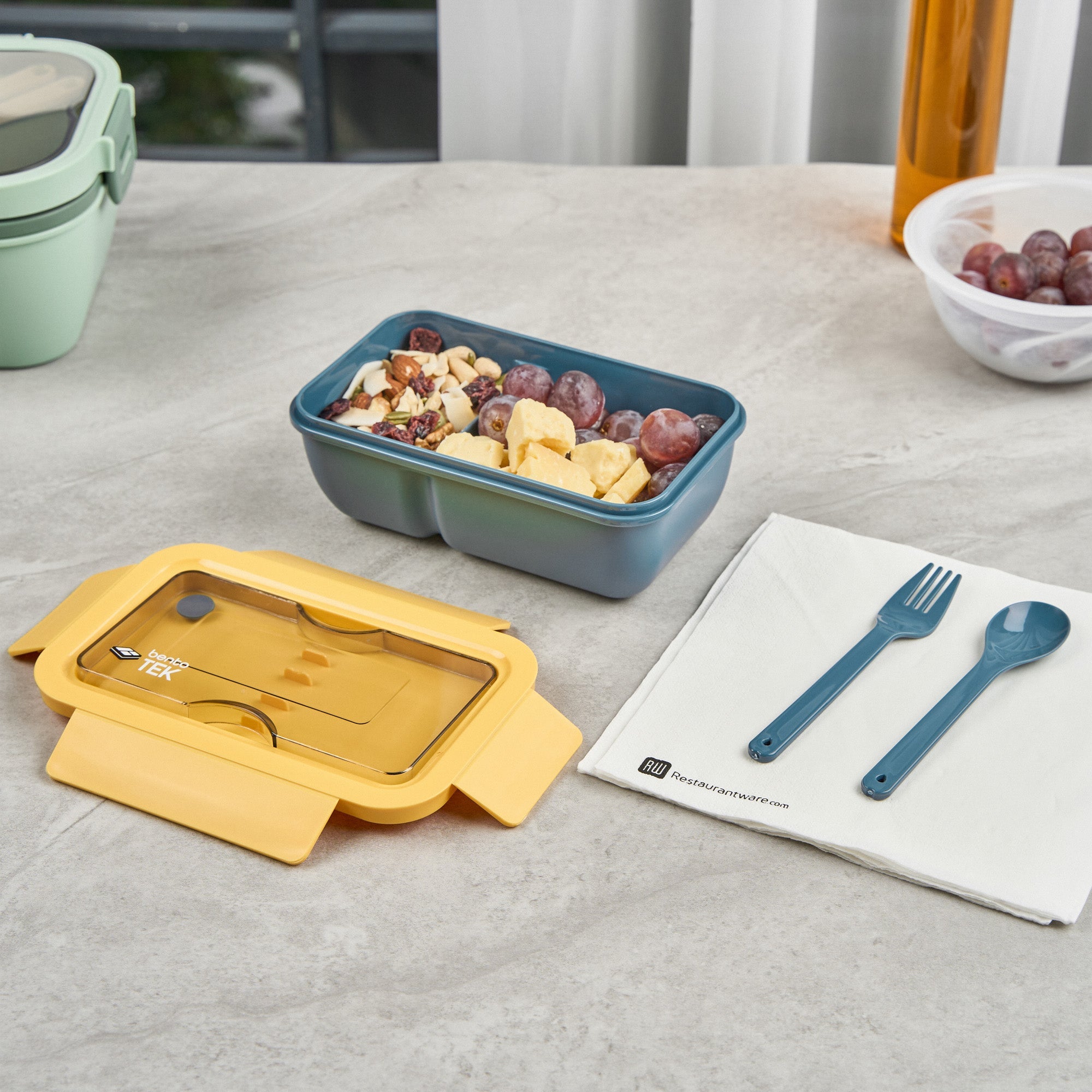 Bento Tek 29 oz Blue and Yellow Lunch Box - BPA-Free, Microwave-Safe, with Fork and Spoon - 7 3/4" x 4 3/4" x 2 3/4" - 1 count box
