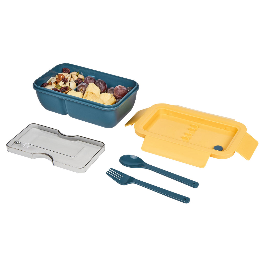 Bento Tek 29 oz Blue and Yellow Lunch Box - BPA-Free, Microwave-Safe, with Fork and Spoon - 7 3/4" x 4 3/4" x 2 3/4" - 10 count box