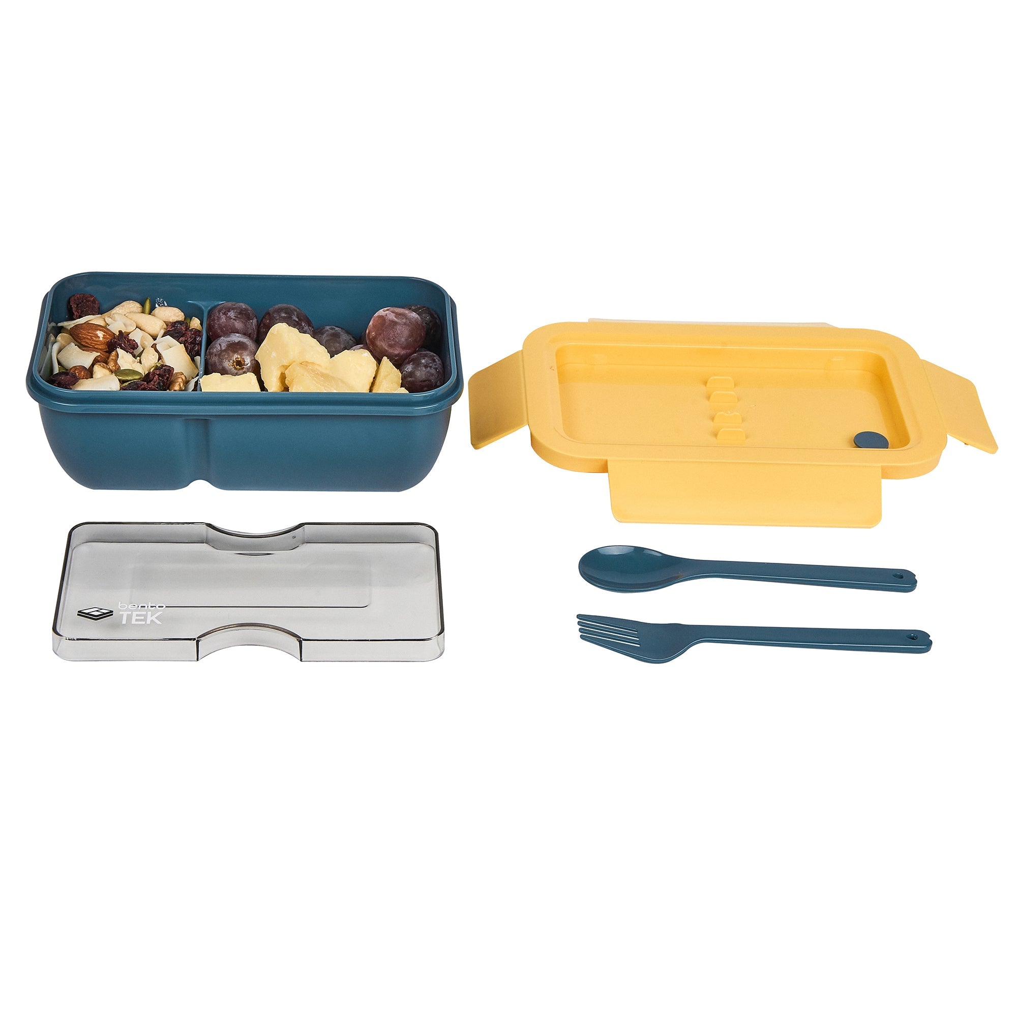 Bento Tek 29 oz Blue and Yellow Lunch Box - BPA-Free, Microwave-Safe, with Fork and Spoon - 7 3/4" x 4 3/4" x 2 3/4" - 10 count box
