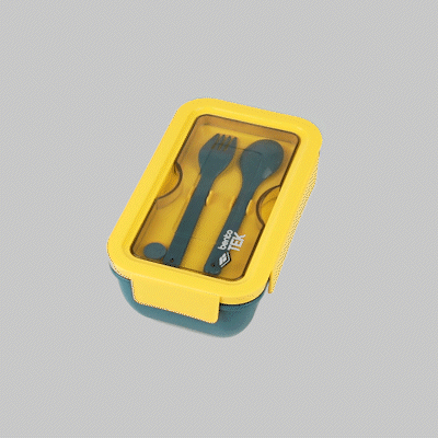 Bento Tek 29 oz Blue and Yellow Lunch Box - BPA-Free, Microwave-Safe, with Fork and Spoon - 7 3/4" x 4 3/4" x 2 3/4" - 10 count box