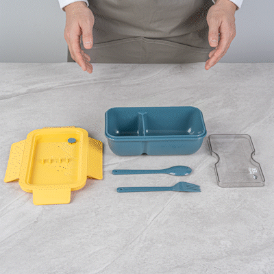Bento Tek 29 oz Blue and Yellow Lunch Box - BPA-Free, Microwave-Safe, with Fork and Spoon - 7 3/4" x 4 3/4" x 2 3/4" - 10 count box