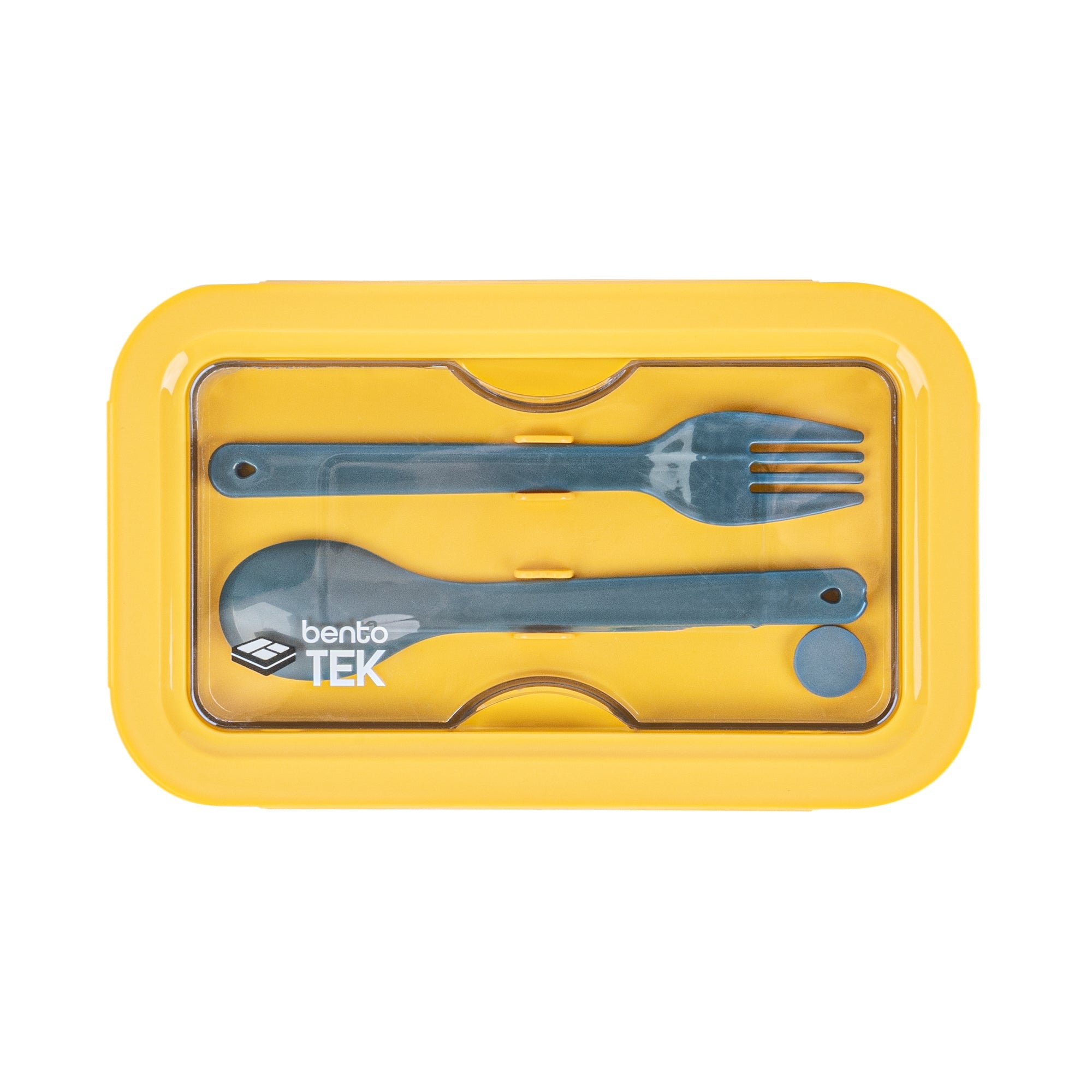 Bento Tek 29 oz Blue and Yellow Lunch Box - BPA-Free, Microwave-Safe, with Fork and Spoon - 7 3/4" x 4 3/4" x 2 3/4" - 10 count box