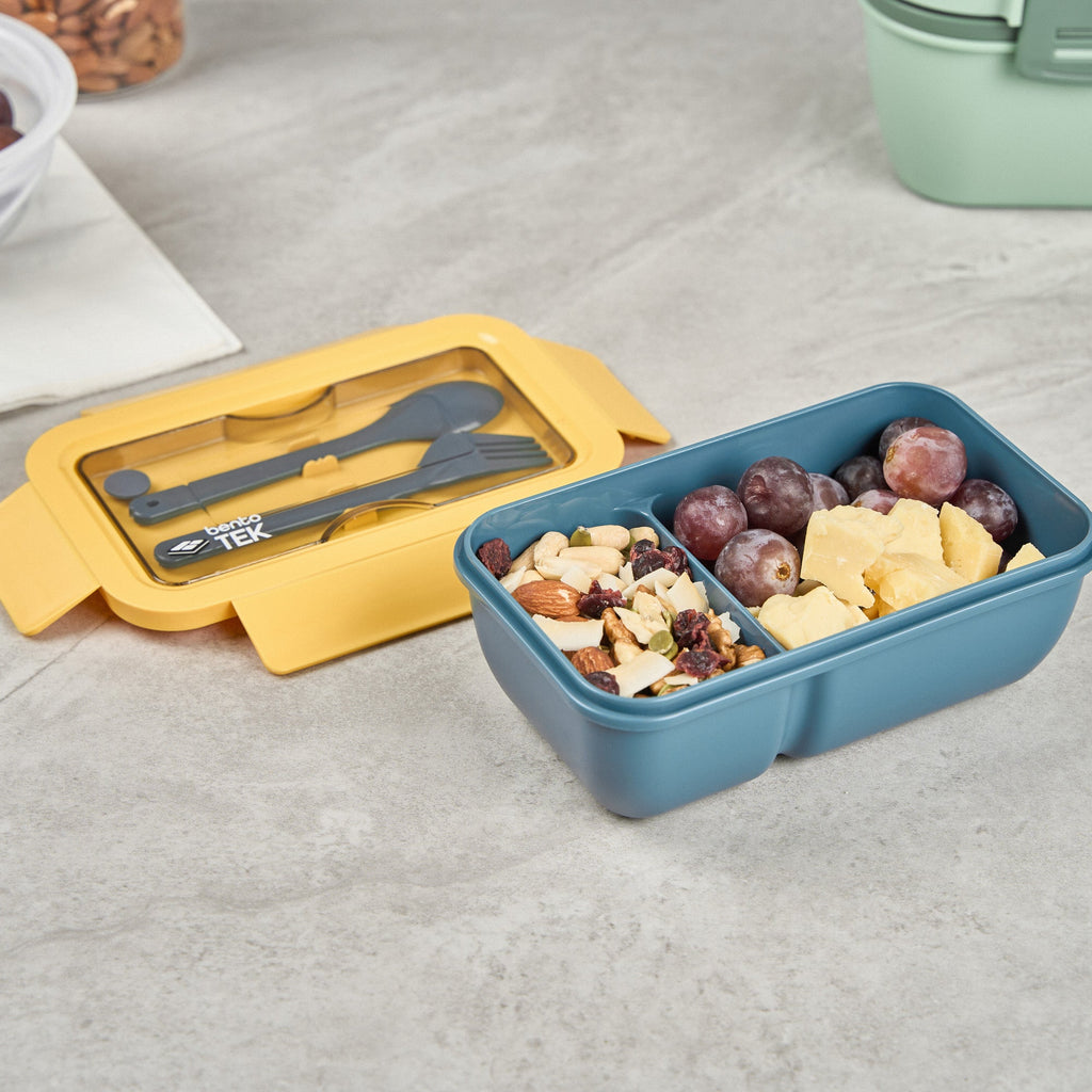 Bento Tek 29 oz Blue and Yellow Lunch Box - BPA-Free, Microwave-Safe, with Fork and Spoon - 7 3/4" x 4 3/4" x 2 3/4" - 10 count box