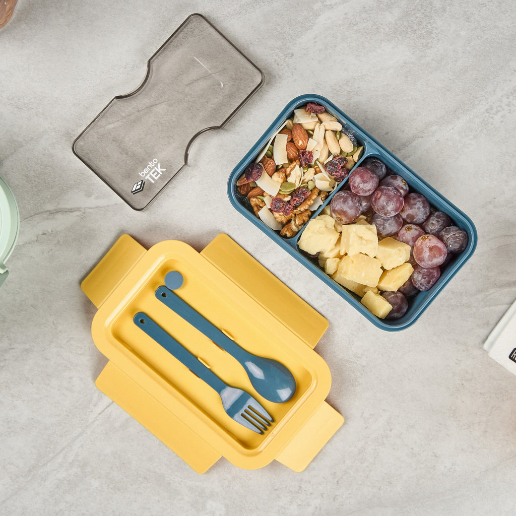 Bento Tek 29 oz Blue and Yellow Lunch Box - BPA-Free, Microwave-Safe, with Fork and Spoon - 7 3/4" x 4 3/4" x 2 3/4" - 10 count box