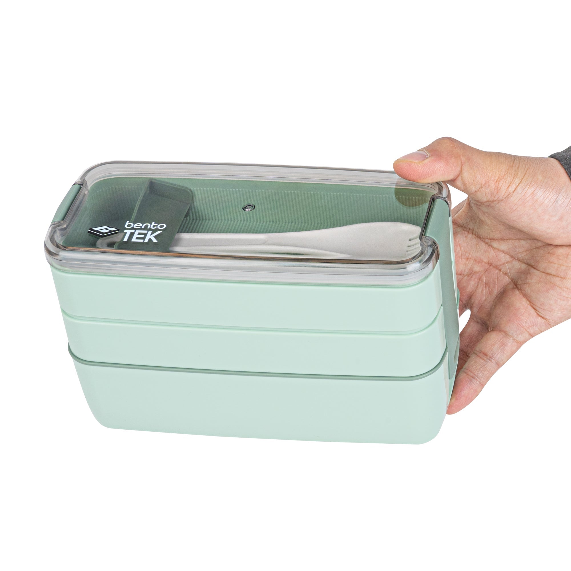 Bento Tek 29 oz Green Lunch Box - BPA-Free, Microwave-Safe, with Fork and Spoon - 7 3/4" x 4 3/4" x 2 3/4" - 1 count box