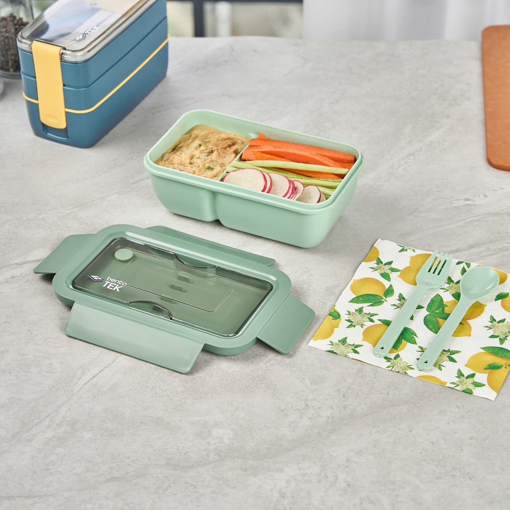 Bento Tek 29 oz Green Lunch Box - BPA-Free, Microwave-Safe, with Fork and Spoon - 7 3/4" x 4 3/4" x 2 3/4" - 1 count box