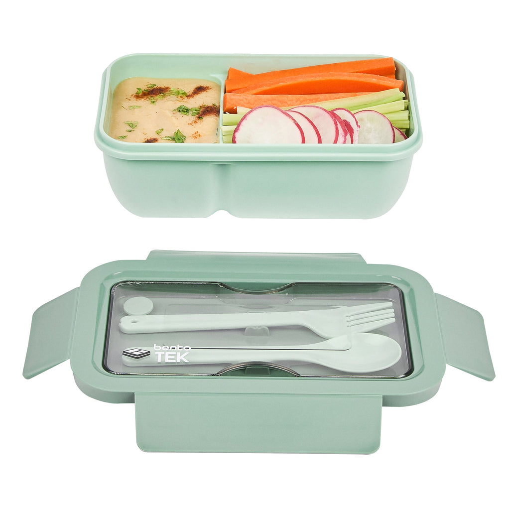 Bento Tek 29 oz Green Lunch Box - BPA-Free, Microwave-Safe, with Fork and Spoon - 7 3/4" x 4 3/4" x 2 3/4" - 10 count box