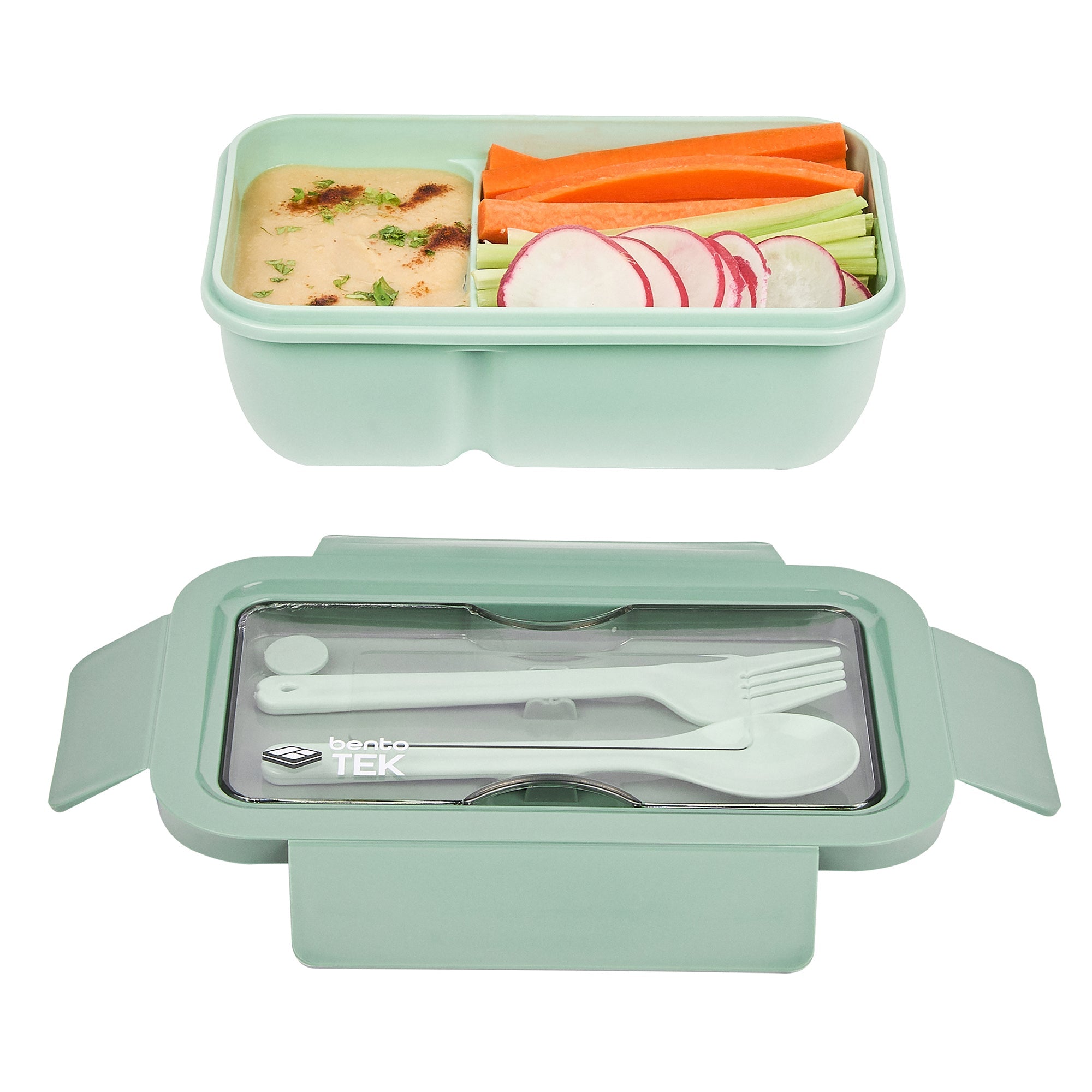 Bento Tek 29 oz Green Lunch Box - BPA-Free, Microwave-Safe, with Fork and Spoon - 7 3/4" x 4 3/4" x 2 3/4" - 10 count box