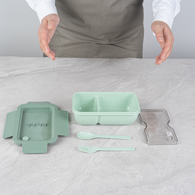 Bento Tek 29 oz Green Lunch Box - BPA-Free, Microwave-Safe, with Fork and Spoon - 7 3/4" x 4 3/4" x 2 3/4" - 10 count box
