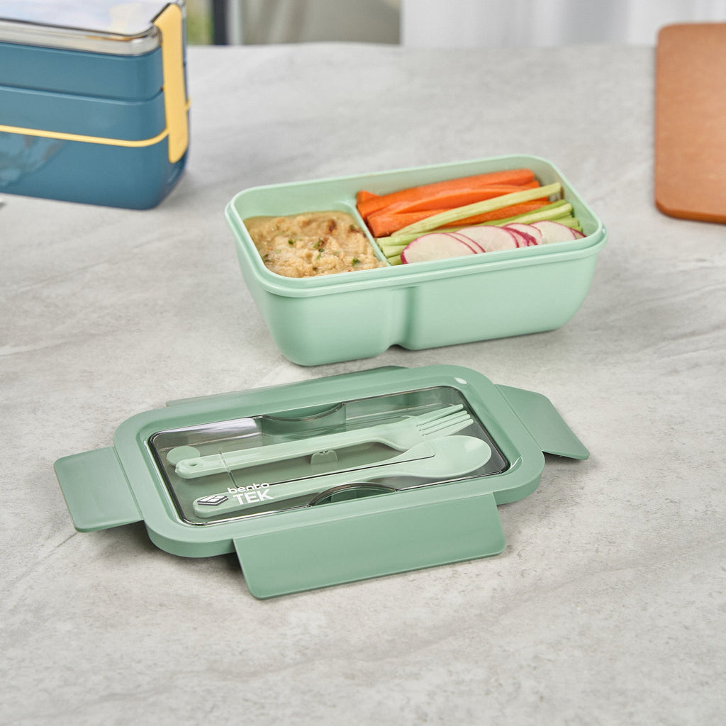 Bento Tek 29 oz Green Lunch Box - BPA-Free, Microwave-Safe, with Fork and Spoon - 7 3/4" x 4 3/4" x 2 3/4" - 10 count box
