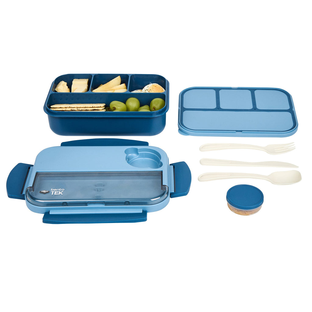 Bento Tek 44 oz Blue Lunch Box - BPA-Free, Microwave-Safe, with Utensils - 9" x 6 1/2" x 3 1/4" - 1 count box
