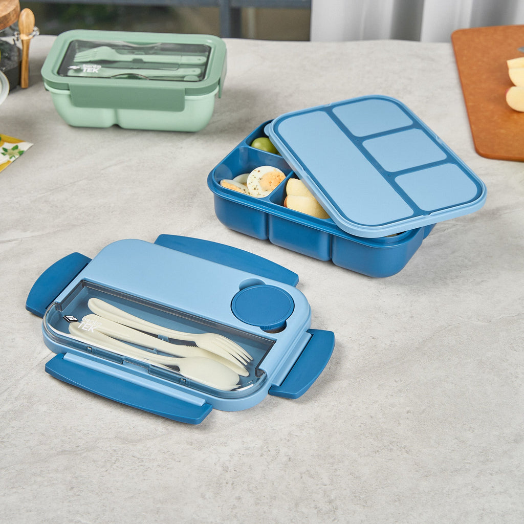 Bento Tek 44 oz Blue Lunch Box - BPA-Free, Microwave-Safe, with Utensils - 9" x 6 1/2" x 3 1/4" - 1 count box