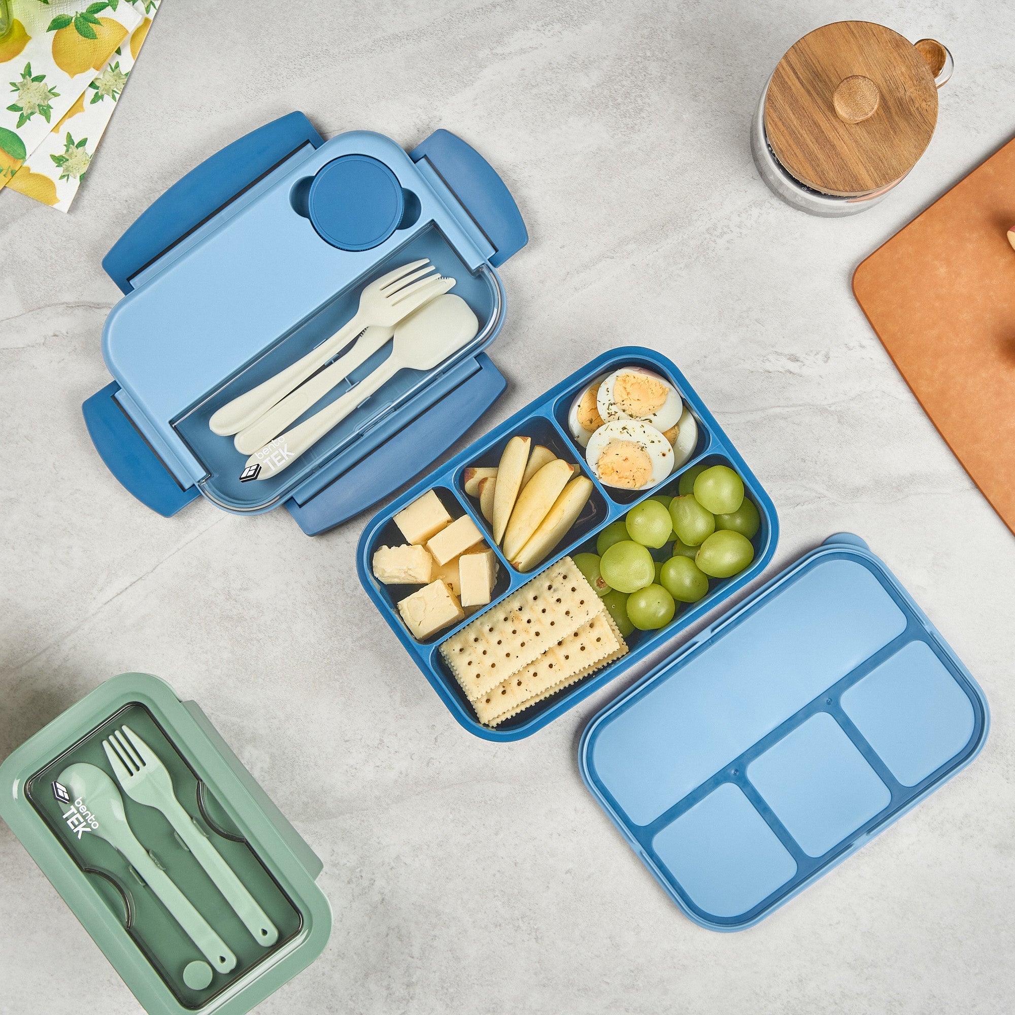 Bento Tek 44 oz Blue Lunch Box - BPA-Free, Microwave-Safe, with Utensils - 9" x 6 1/2" x 3 1/4" - 1 count box