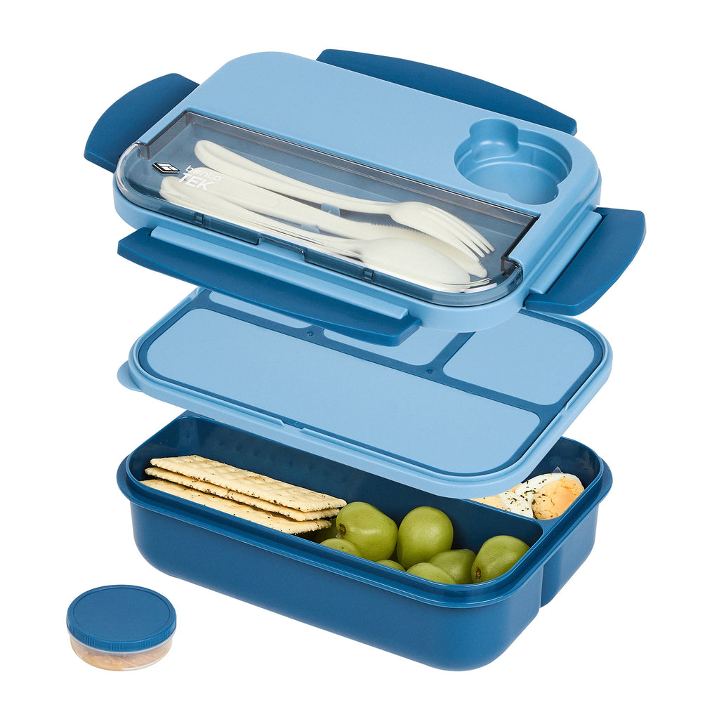 Bento Tek 44 oz Blue Lunch Box - BPA-Free, Microwave-Safe, with Utensils - 9" x 6 1/2" x 3 1/4" - 10 count box