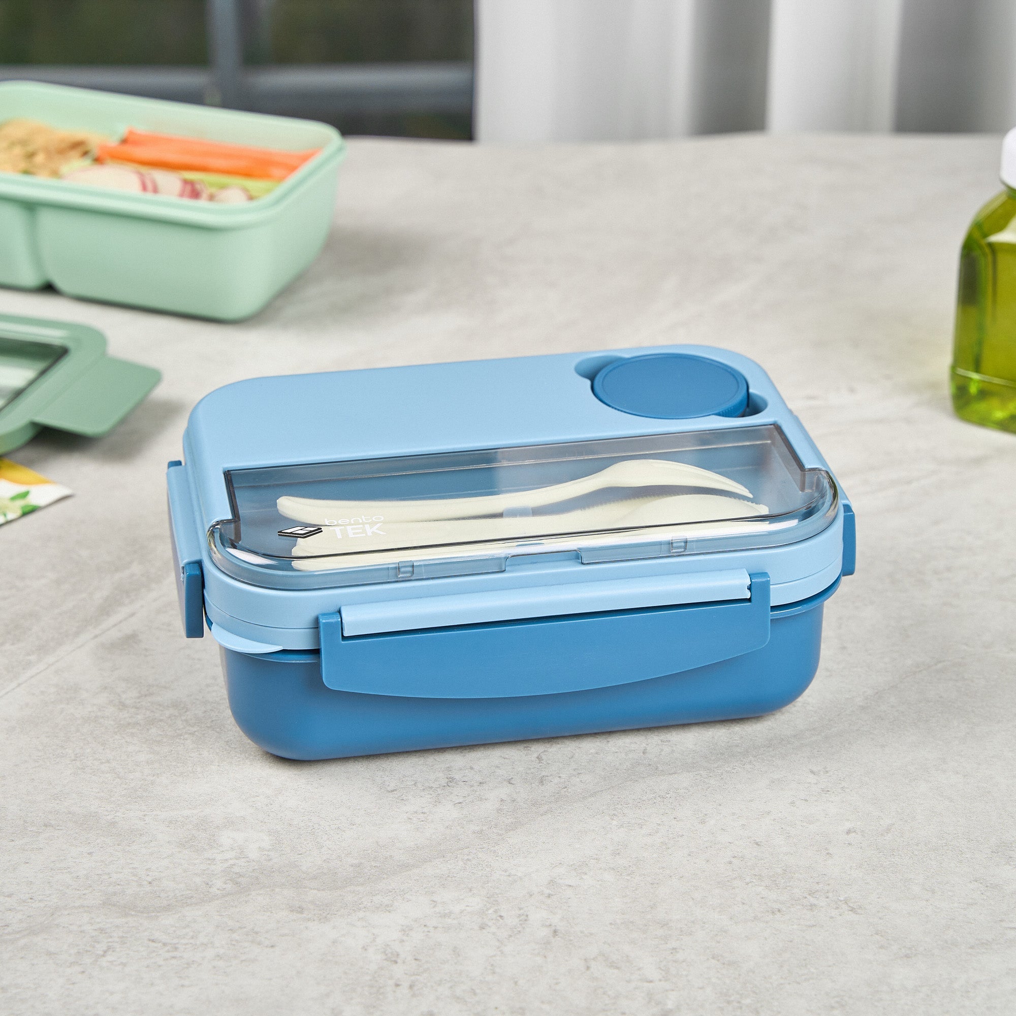 Bento Tek 44 oz Blue Lunch Box - BPA-Free, Microwave-Safe, with Utensils - 9" x 6 1/2" x 3 1/4" - 10 count box