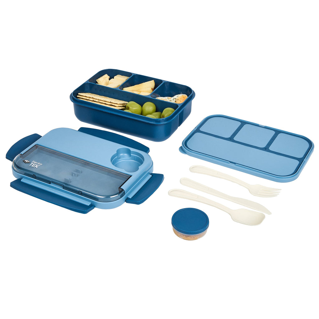 Bento Tek 44 oz Blue Lunch Box - BPA-Free, Microwave-Safe, with Utensils - 9" x 6 1/2" x 3 1/4" - 10 count box