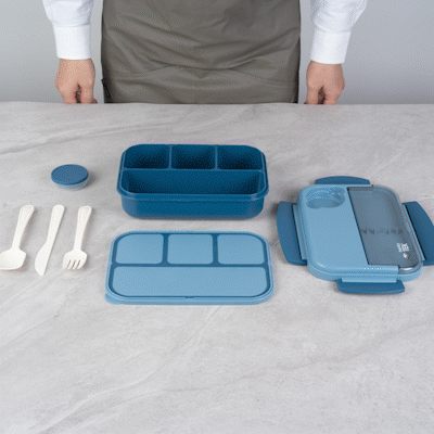 Bento Tek 44 oz Blue Lunch Box - BPA-Free, Microwave-Safe, with Utensils - 9" x 6 1/2" x 3 1/4" - 10 count box