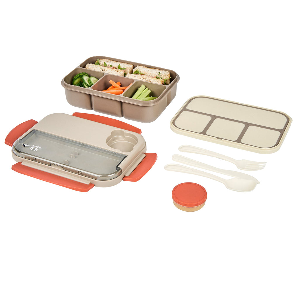 Bento Tek 44 oz Brown and Orange Lunch Box - BPA-Free, Microwave-Safe, with Utensils - 9" x 6 1/2" x 3 1/4" - 1 count box