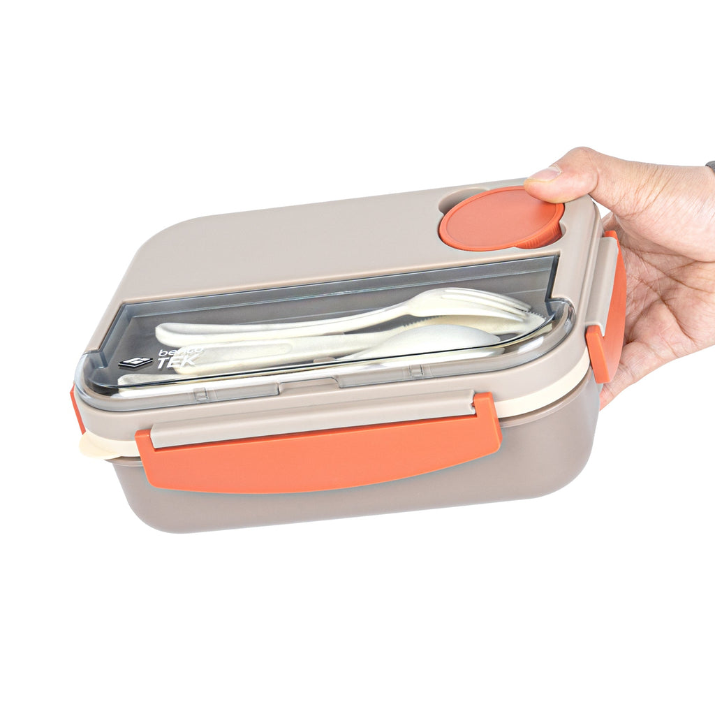 Bento Tek 44 oz Brown and Orange Lunch Box - BPA-Free, Microwave-Safe, with Utensils - 9" x 6 1/2" x 3 1/4" - 1 count box