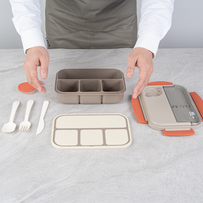 Bento Tek 44 oz Brown and Orange Lunch Box - BPA-Free, Microwave-Safe, with Utensils - 9" x 6 1/2" x 3 1/4" - 1 count box