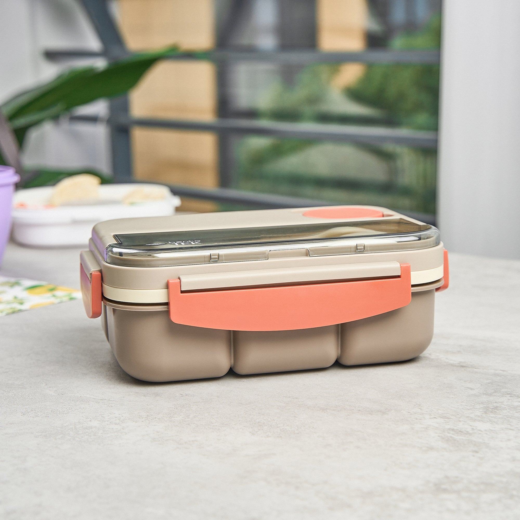 Bento Tek 44 oz Brown and Orange Lunch Box - BPA-Free, Microwave-Safe, with Utensils - 9" x 6 1/2" x 3 1/4" - 1 count box