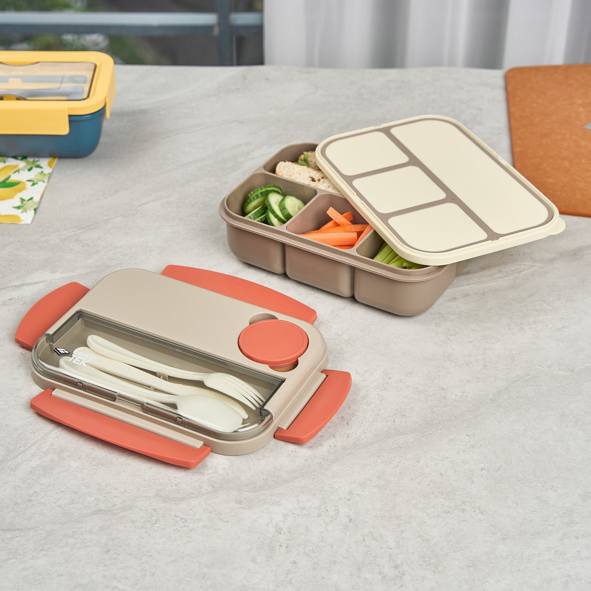 Bento Tek 44 oz Brown and Orange Lunch Box - BPA-Free, Microwave-Safe, with Utensils - 9" x 6 1/2" x 3 1/4" - 1 count box
