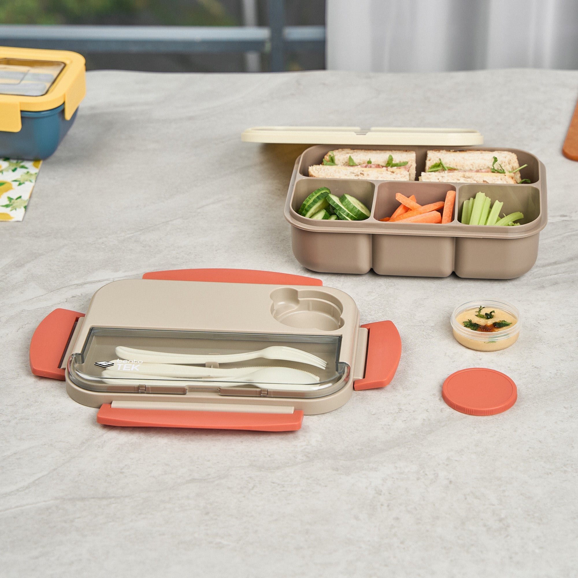 Bento Tek 44 oz Brown and Orange Lunch Box - BPA-Free, Microwave-Safe, with Utensils - 9" x 6 1/2" x 3 1/4" - 1 count box