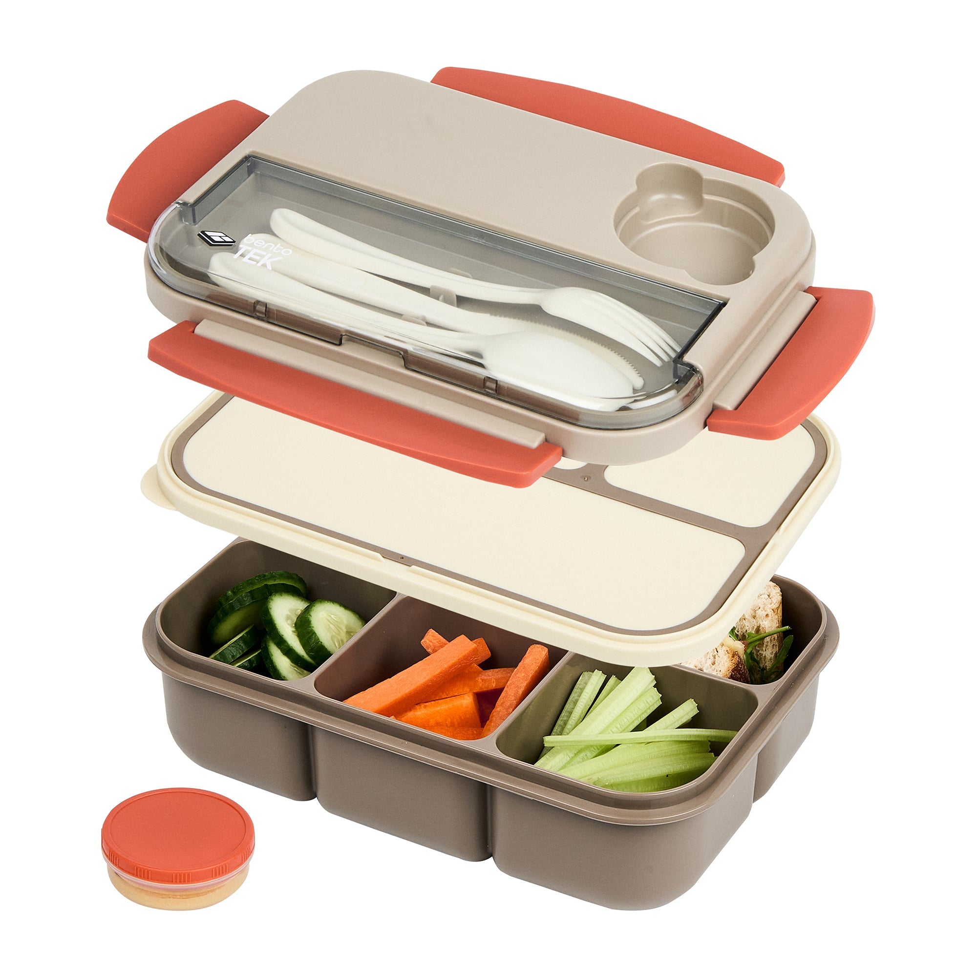 Bento Tek 44 oz Brown and Orange Lunch Box - BPA-Free, Microwave-Safe, with Utensils - 9" x 6 1/2" x 3 1/4" - 10 count box