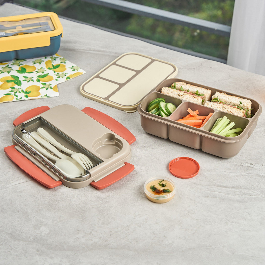 Bento Tek 44 oz Brown and Orange Lunch Box - BPA-Free, Microwave-Safe, with Utensils - 9" x 6 1/2" x 3 1/4" - 10 count box