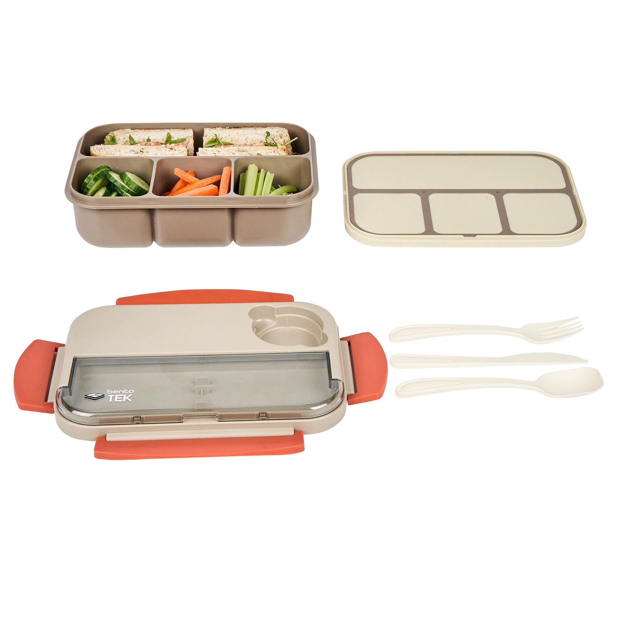 Bento Tek 44 oz Brown and Orange Lunch Box - BPA-Free, Microwave-Safe, with Utensils - 9" x 6 1/2" x 3 1/4" - 10 count box