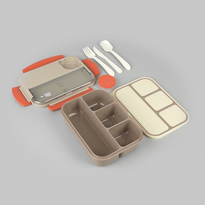 Bento Tek 44 oz Brown and Orange Lunch Box - BPA-Free, Microwave-Safe, with Utensils - 9" x 6 1/2" x 3 1/4" - 10 count box