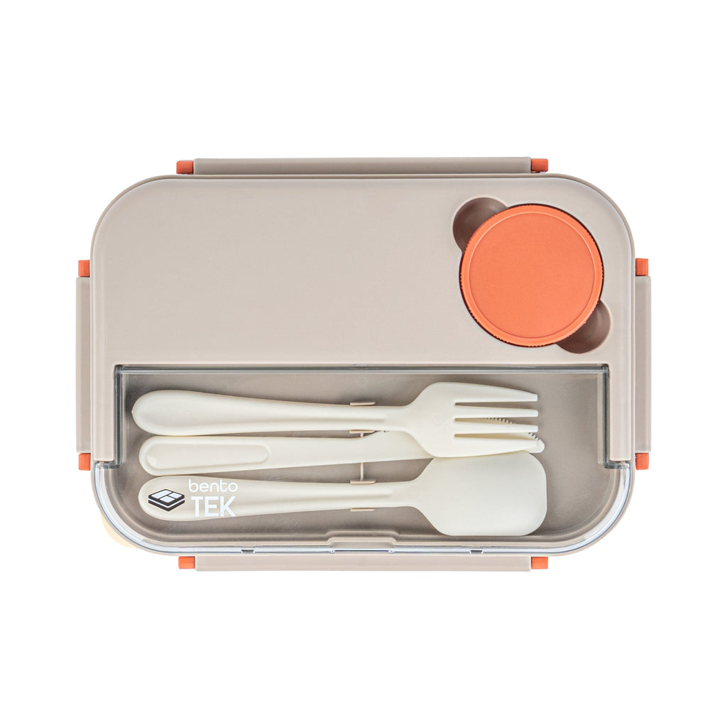 Bento Tek 44 oz Brown and Orange Lunch Box - BPA-Free, Microwave-Safe, with Utensils - 9" x 6 1/2" x 3 1/4" - 10 count box